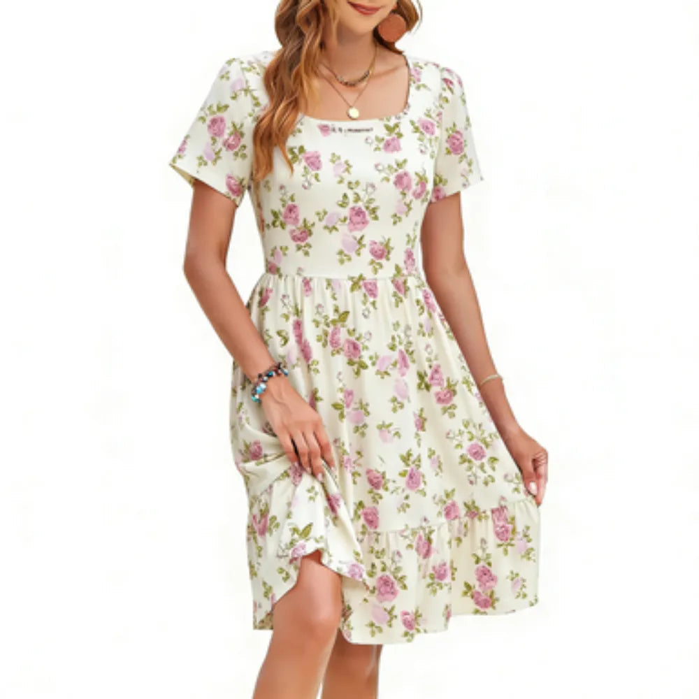 🤲Women Square Neck Ditsy Floral Dress, Ruffle Empire Waist A-Line Sundress With Pockets