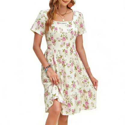 🤲Women Square Neck Ditsy Floral Dress, Ruffle Empire Waist A-Line Sundress With Pockets