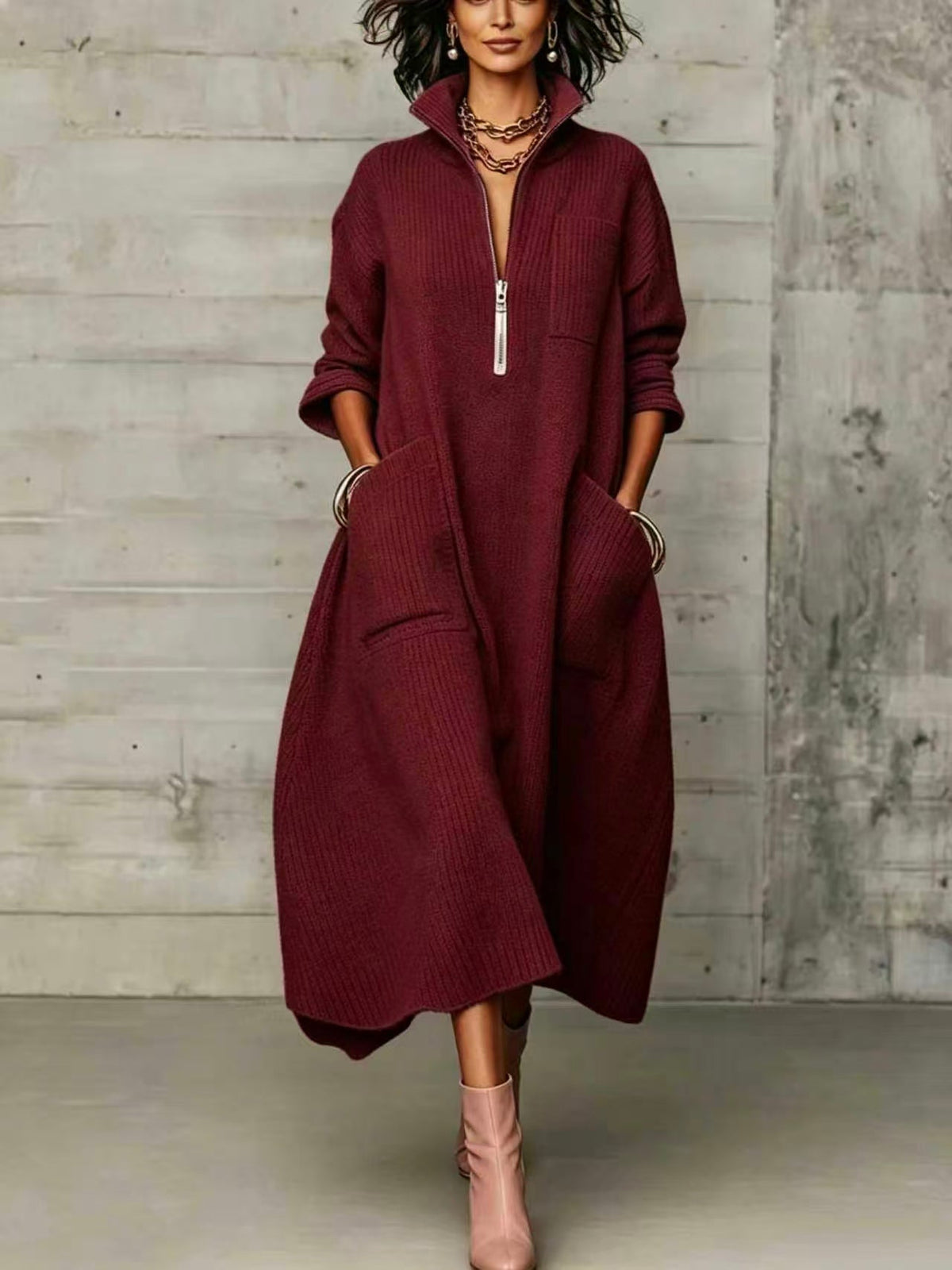 🤲LAST DAY SAVE 49% ⏰Elegant Quarter-zip High Collar Oversized Knit Midi Dress— FREE Handbag