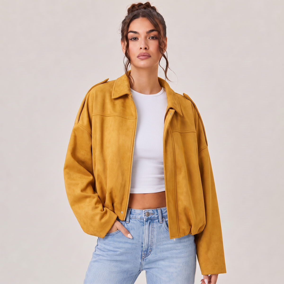 Women's Cropped Faux Suede Jacket | Oversized Casual Zip-Up Jacket