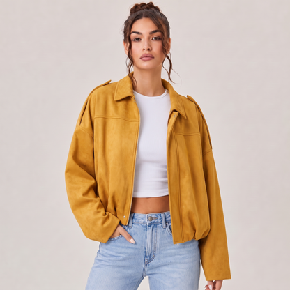 Women's Cropped Faux Suede Jacket | Oversized Casual Zip-Up Jacket