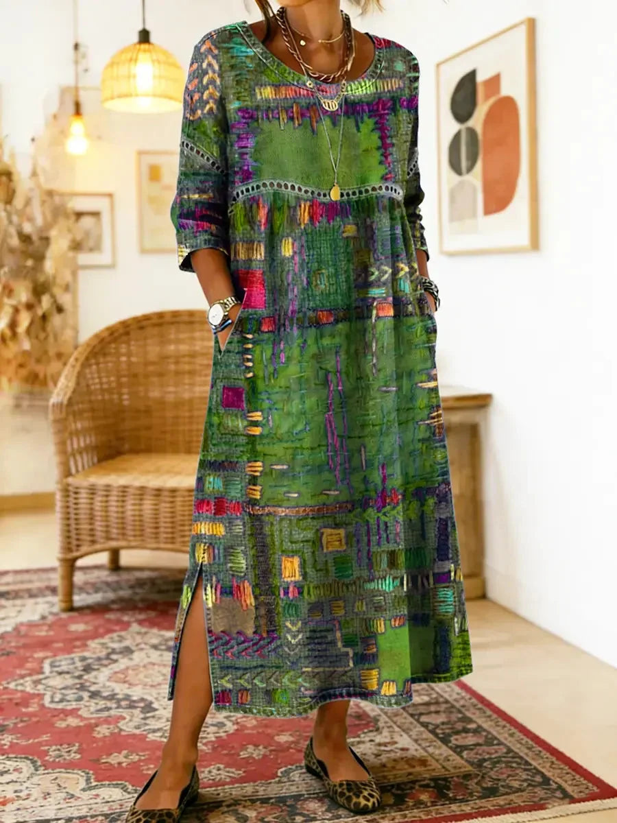 Women's Ethnic Patchwork Print Dress | Colorful Casual Boho-Inspired Maxi Dress