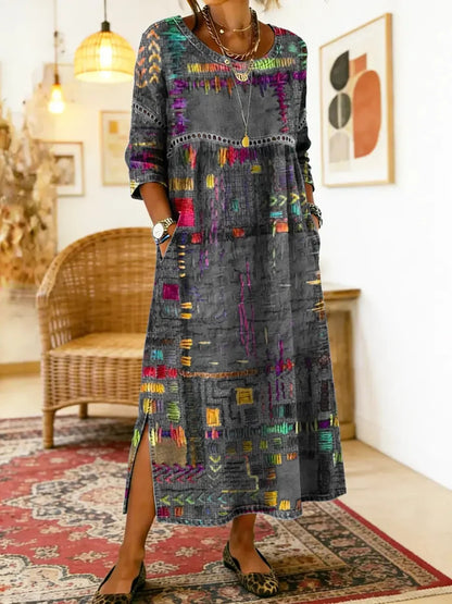 Women's Ethnic Patchwork Print Dress | Colorful Casual Boho-Inspired Maxi Dress