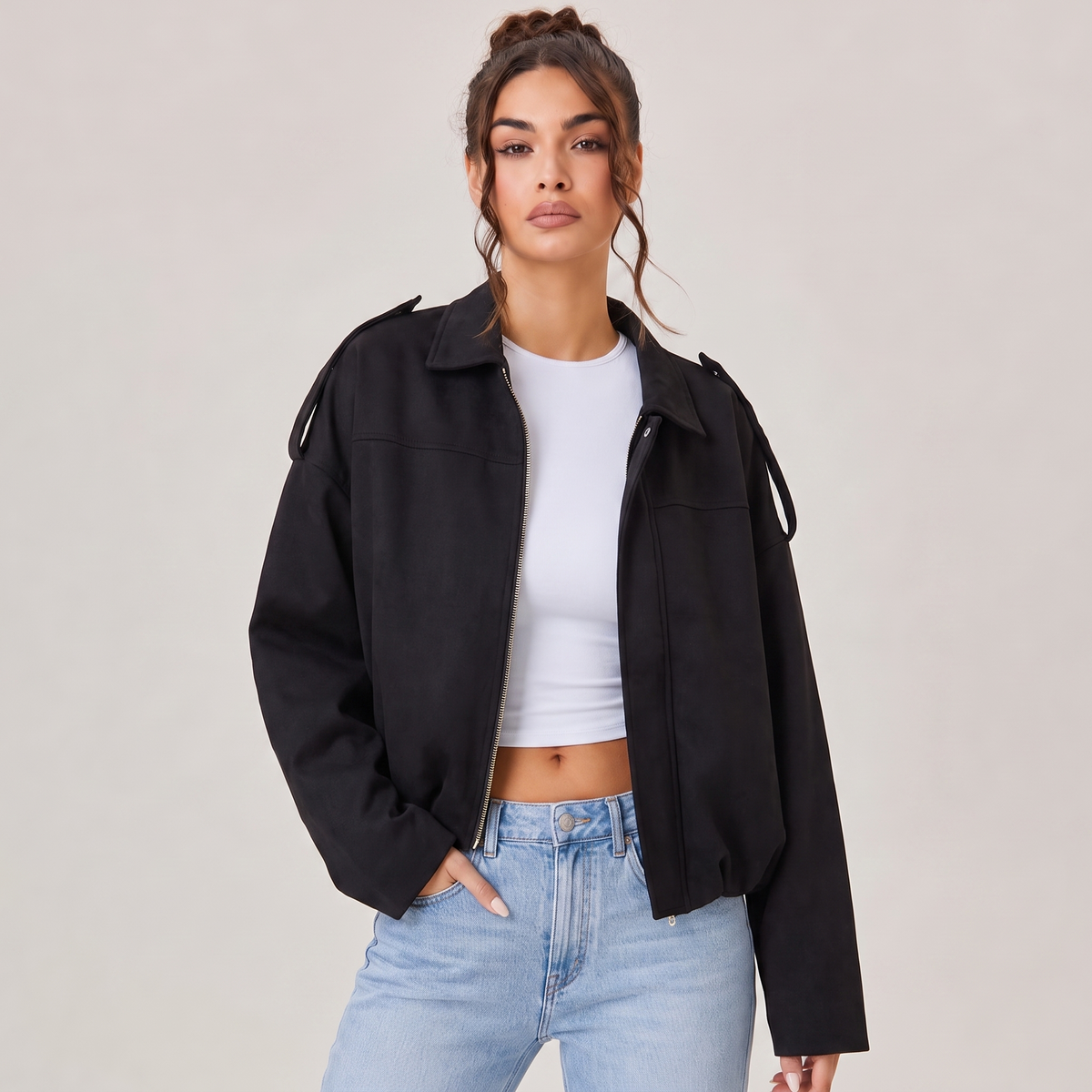 Women's Cropped Faux Suede Jacket | Oversized Casual Zip-Up Jacket