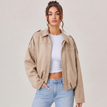 Women's Cropped Faux Suede Jacket | Oversized Casual Zip-Up Jacket