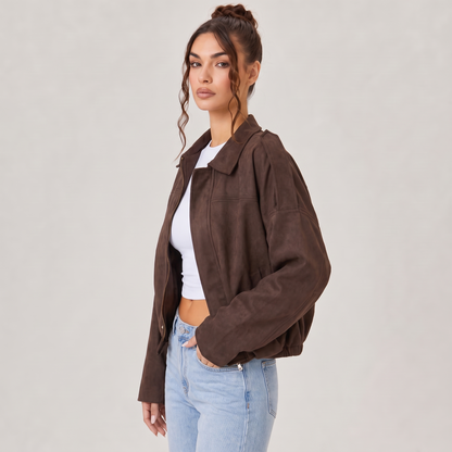 Women's Cropped Faux Suede Jacket | Oversized Casual Zip-Up Jacket