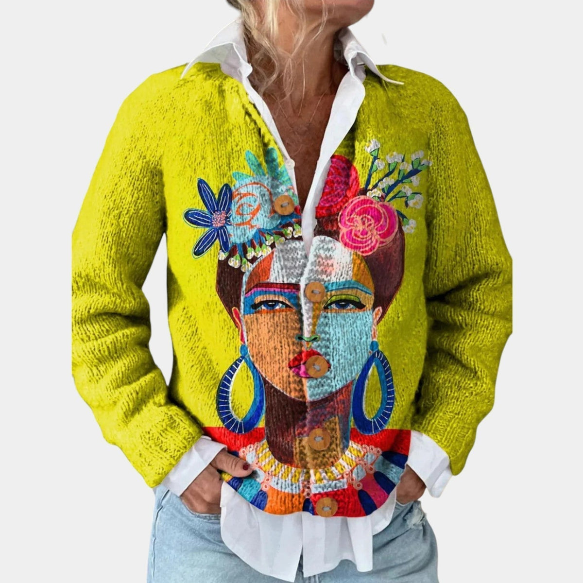Women's Art Print Knit Cardigan | Cozy Button-Up Sweater