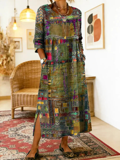 Women's Ethnic Patchwork Print Dress | Colorful Casual Boho-Inspired Maxi Dress