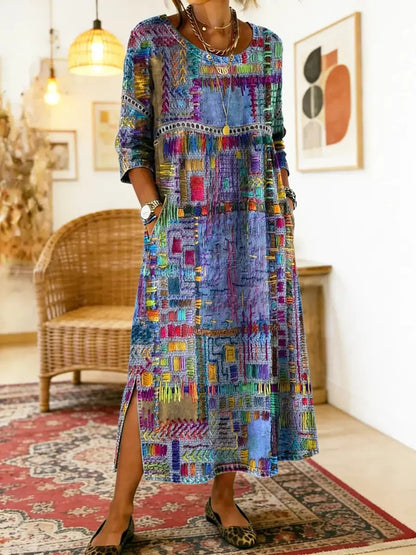 Women's Ethnic Patchwork Print Dress | Colorful Casual Boho-Inspired Maxi Dress