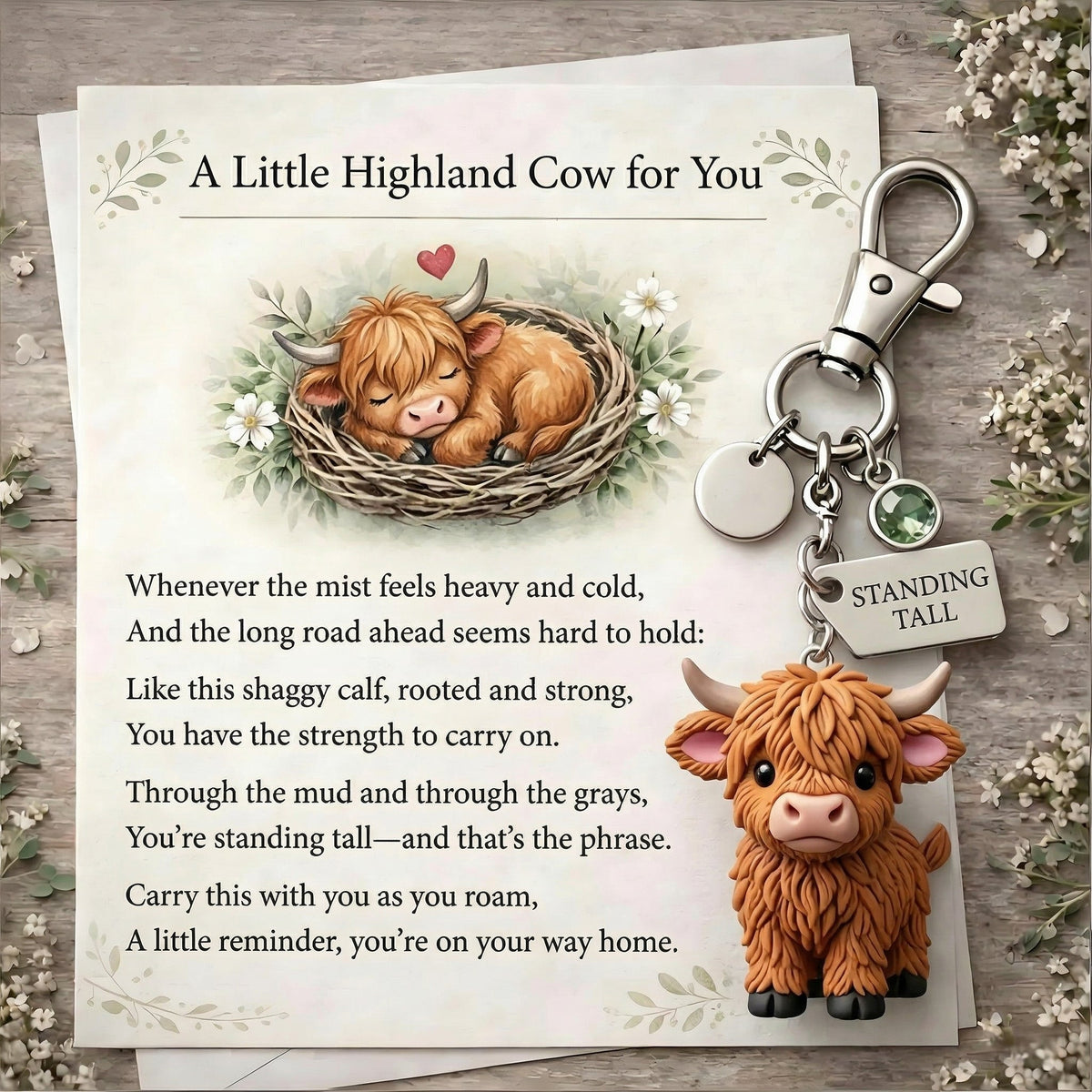 Highland Cow Keychain with Birthstone Charm & Gift Card