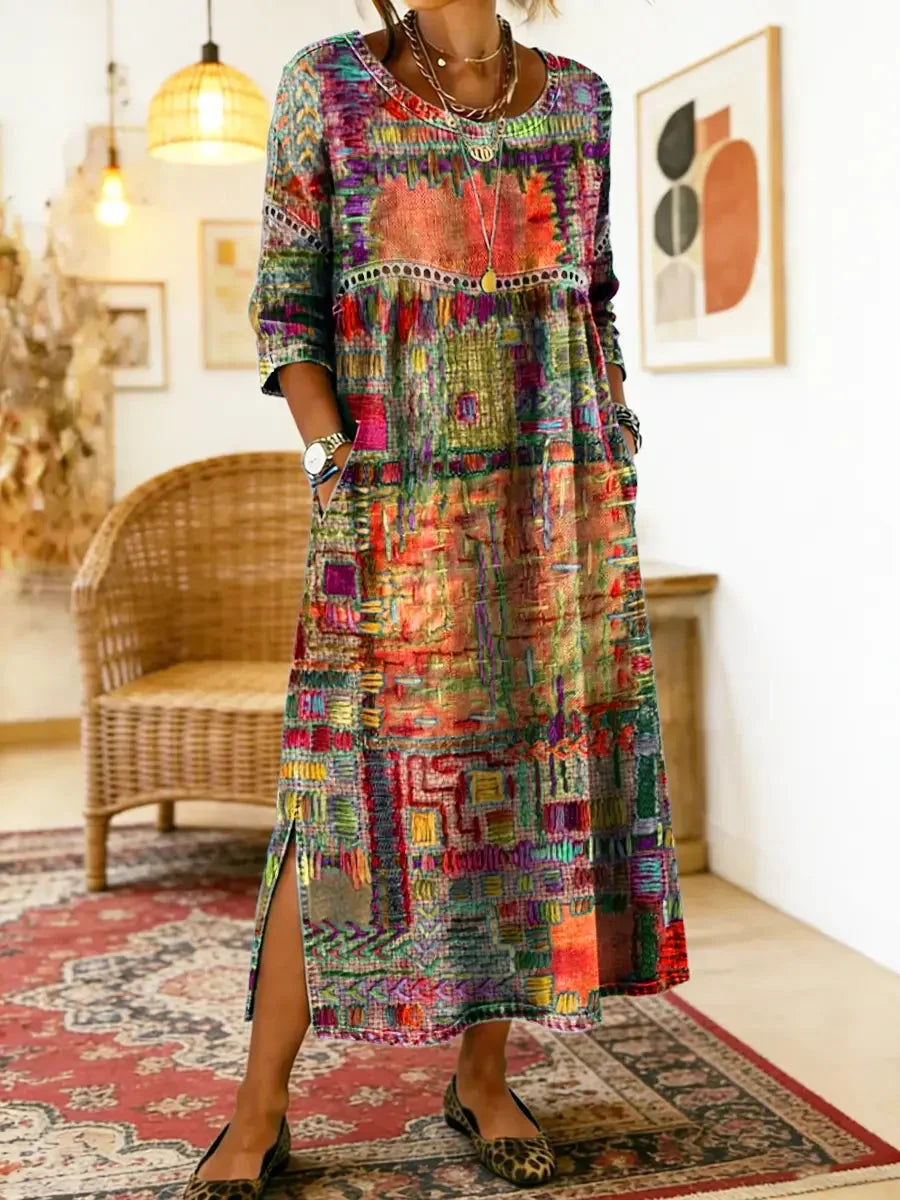 Women's Ethnic Patchwork Print Dress | Colorful Casual Boho-Inspired Maxi Dress