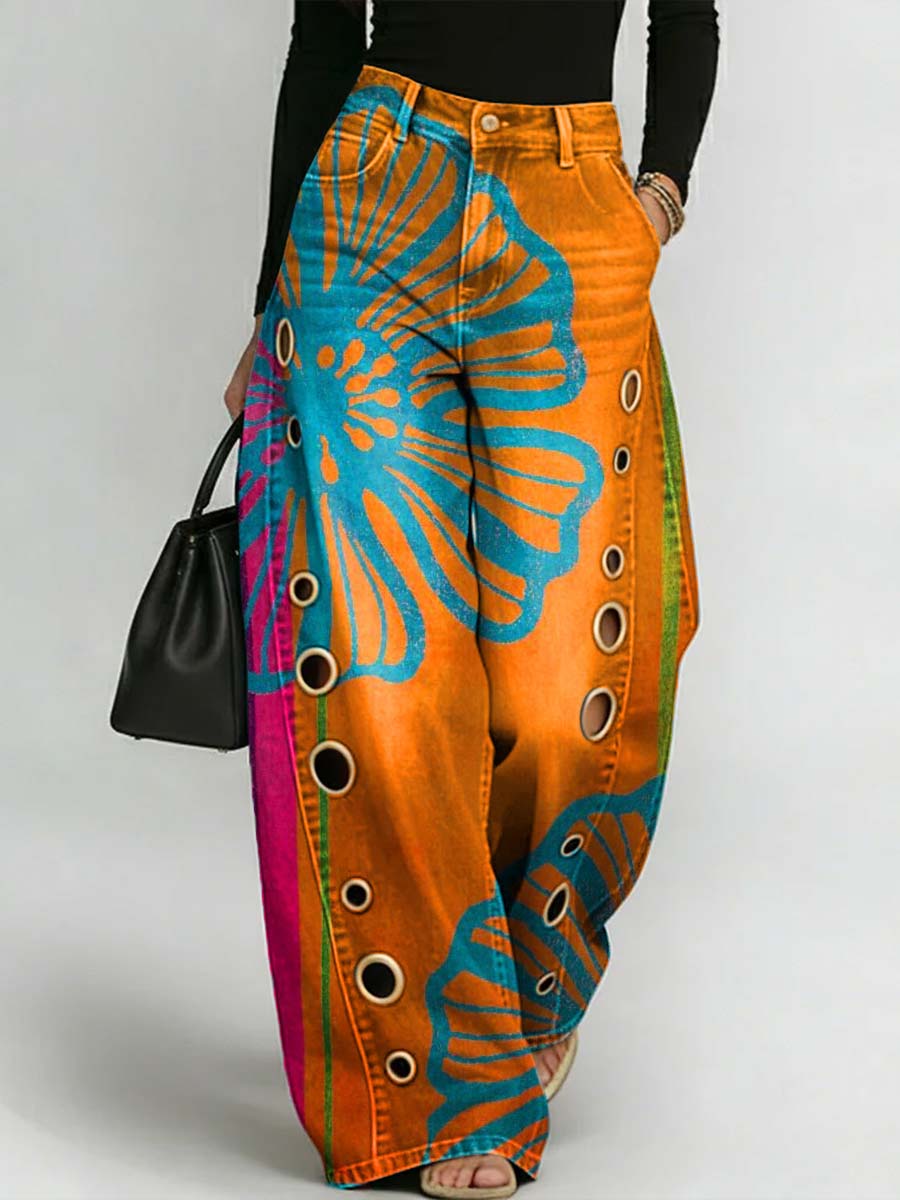 Women's Retro Floral Print Jeans | High Waist Casual Straight Leg Pants