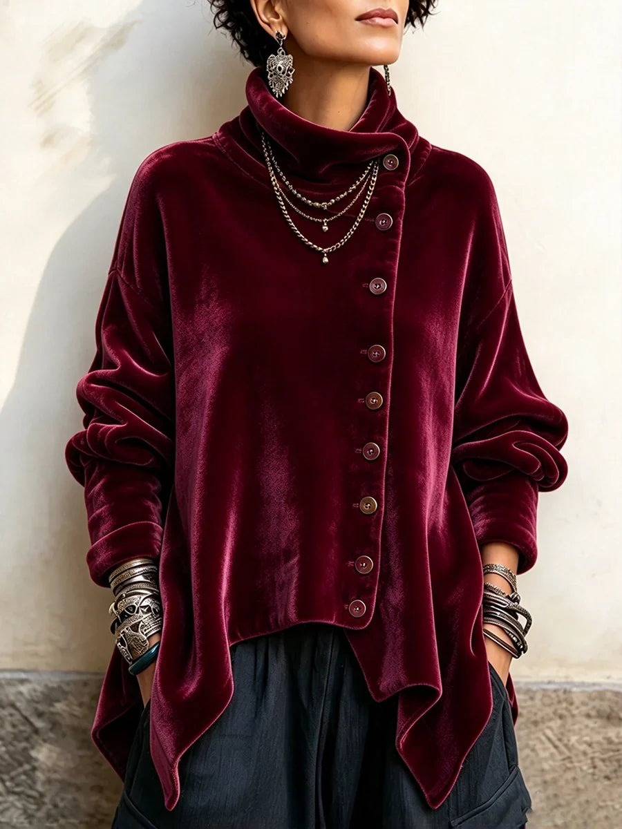 🤲LAST DAY SAVE 49% 🐆Chic Velvet Asymmetric Button Turtleneck Top
