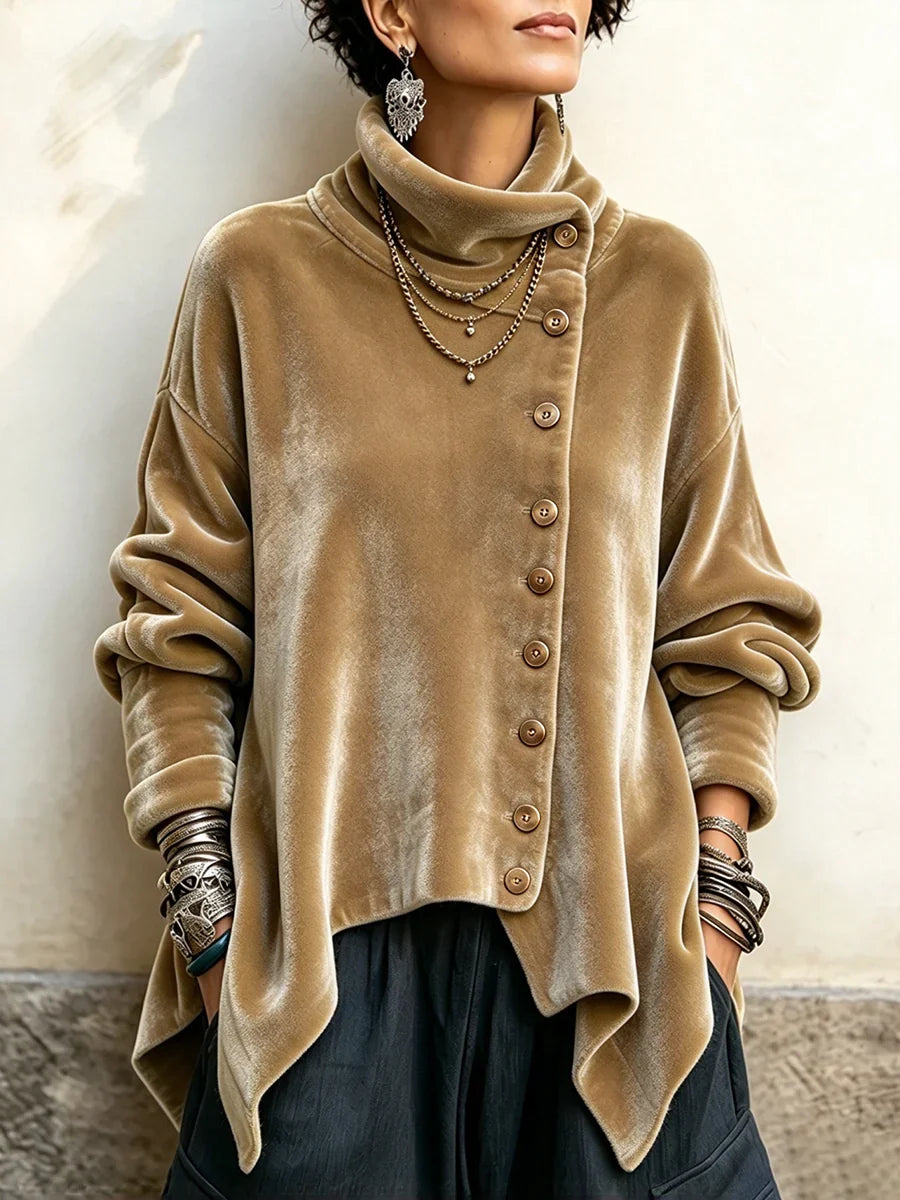 🤲LAST DAY SAVE 49% ⏰Chic Velvet Asymmetric Button Turtleneck Top