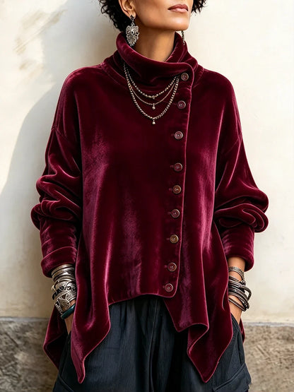 🤲LAST DAY SAVE 49% ⏰Chic Velvet Asymmetric Button Turtleneck Top