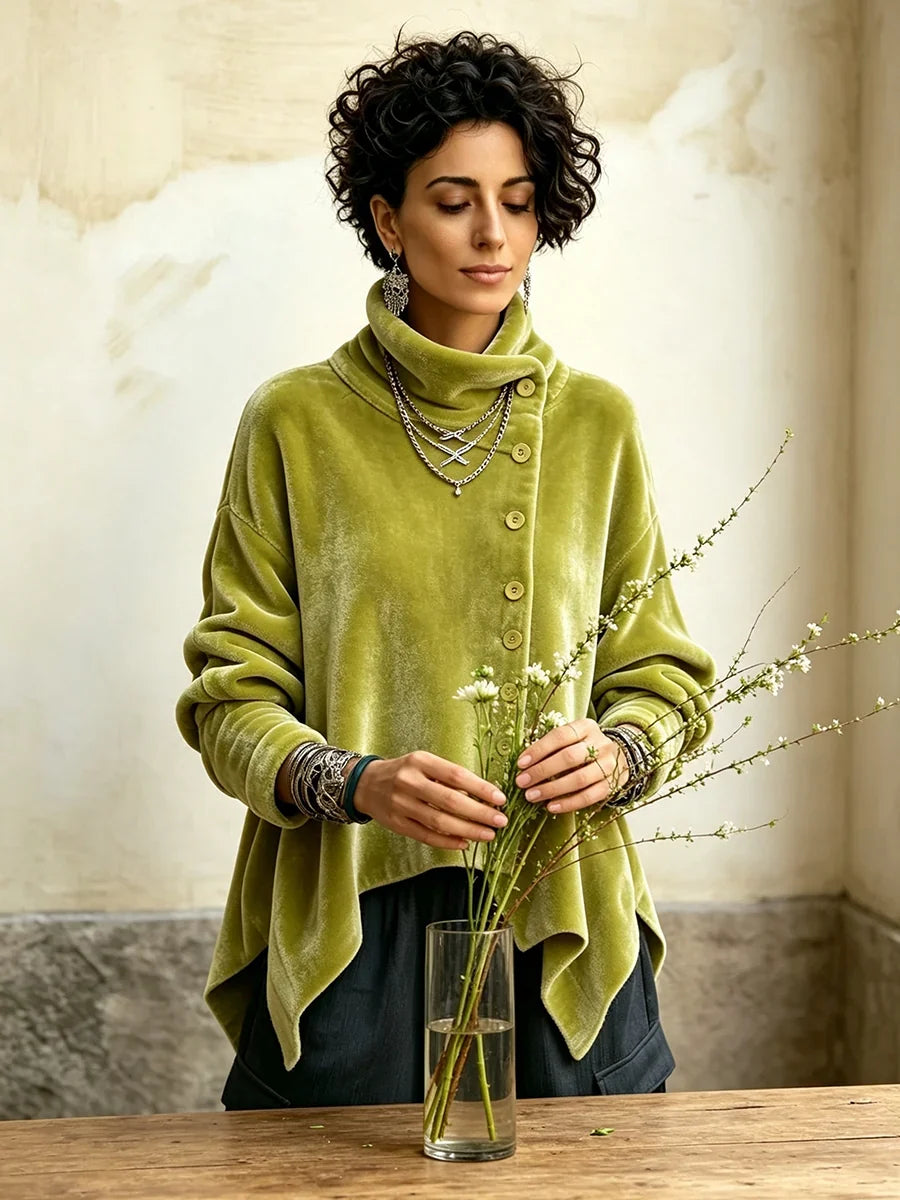 🤲LAST DAY SAVE 49% ⏰Chic Velvet Asymmetric Button Turtleneck Top