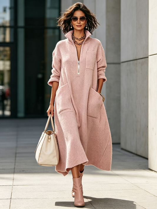 🤲LAST DAY SAVE 49% ⏰Elegant Quarter-zip High Collar Oversized Knit Midi Dress— FREE Handbag