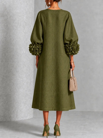 🤲LAST DAY SAVE 49% ⏰3D Floral Cuff Midi Dress – Relaxed A-Line Button Front— FREE Handbag