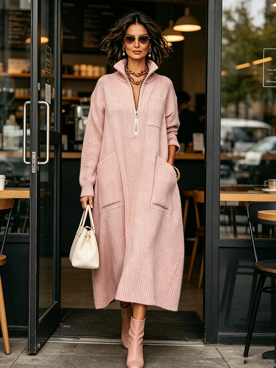 🤲LAST DAY SAVE 49% ⏰Elegant Quarter-zip High Collar Oversized Knit Midi Dress— FREE Handbag
