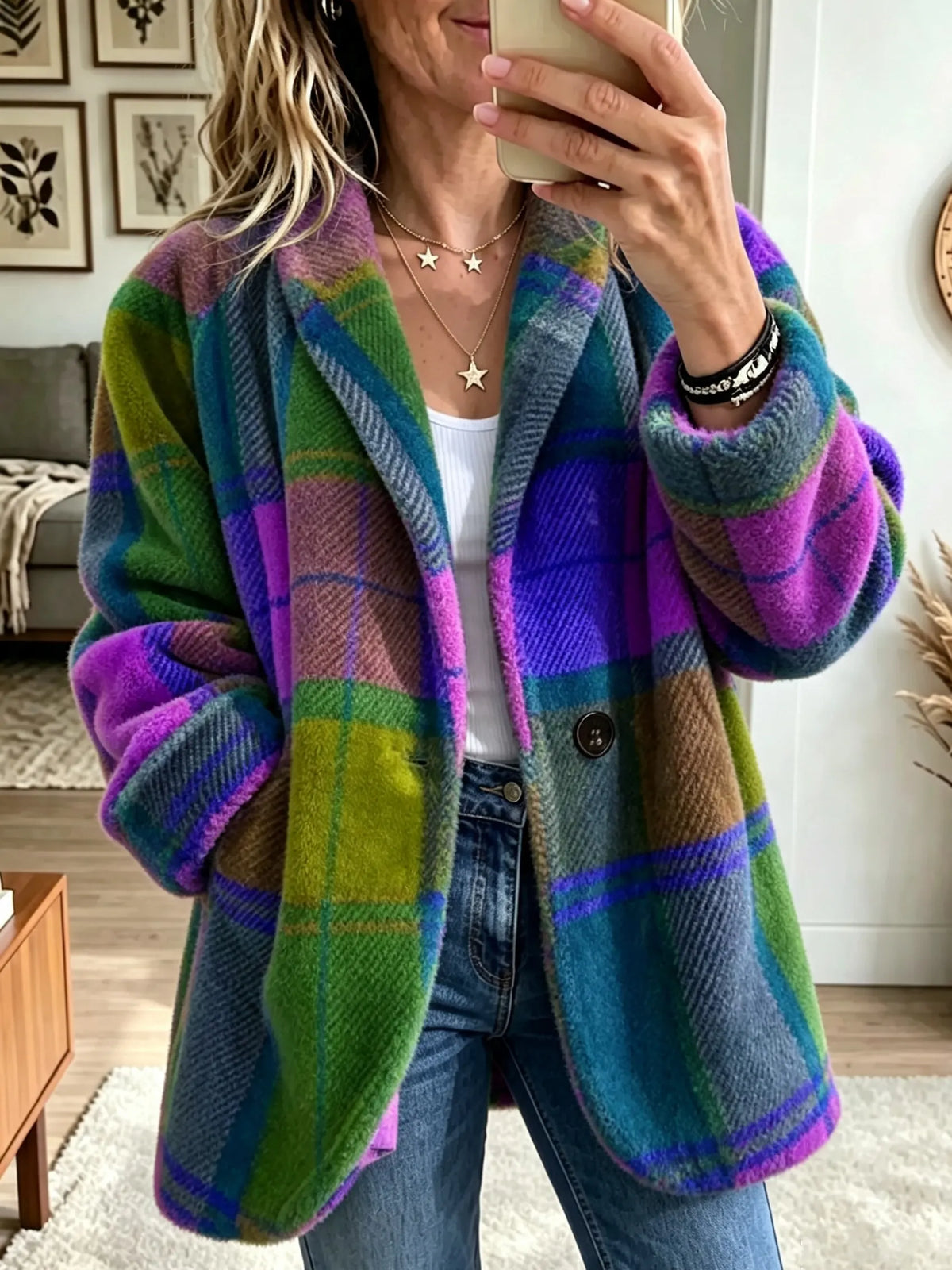 🤲LAST DAY SAVE 49%✨ Cozy Plaid Fleece Coat – Bold Color, Effortless Style