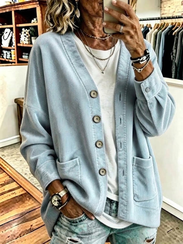 🤲LAST DAY SAVE 49% ⏰Corduroy V-neck Loose-fit Drop-shoulder Single-breasted Cardigan With Dual Pockets