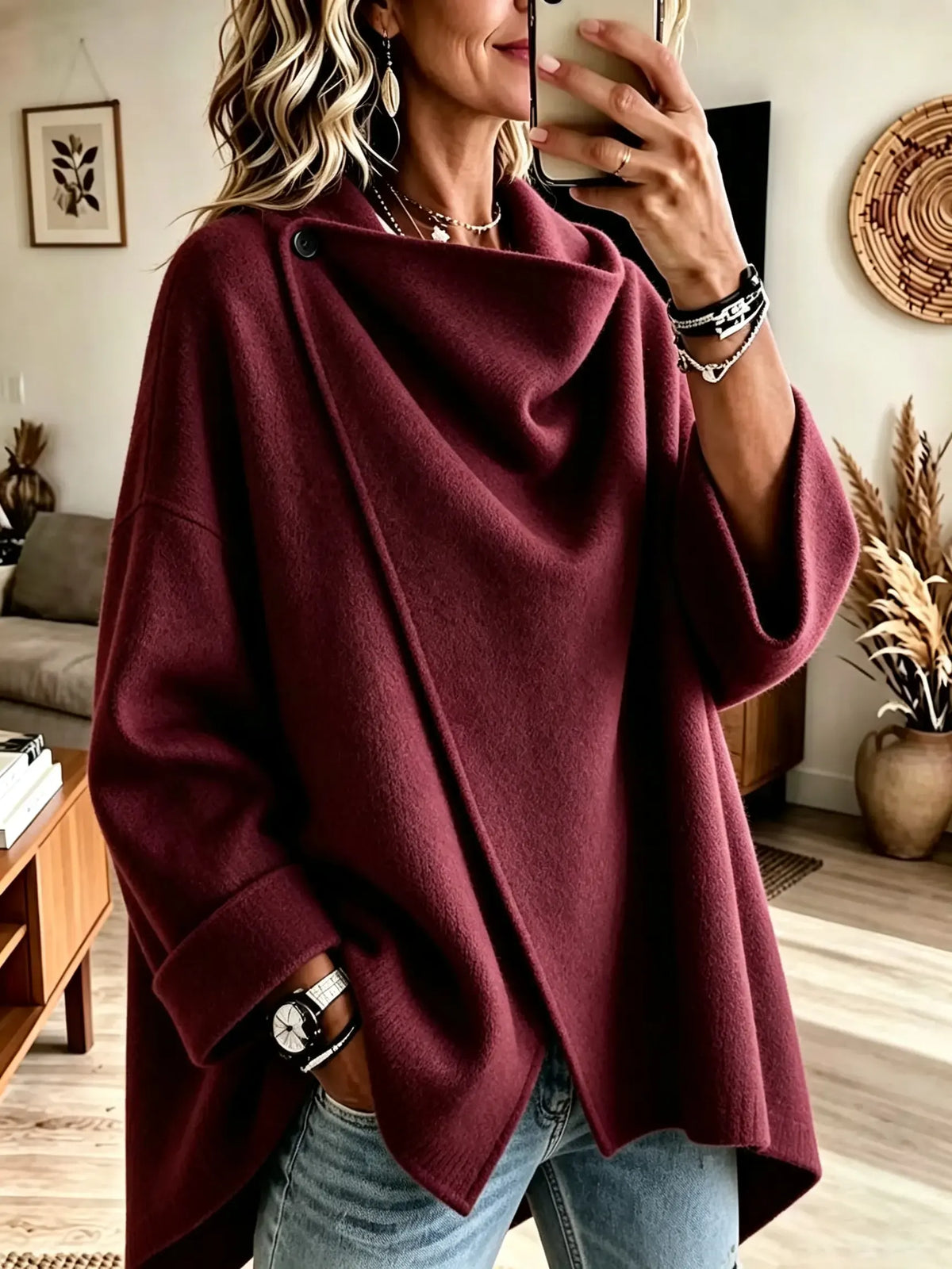 🤲LAST DAY SAVE 49% ⏰Women's Asymmetrical Button Wrap Collar Poncho Sweater