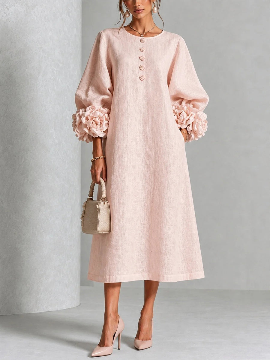 🤲LAST DAY SAVE 49% ⏰3D Floral Cuff Midi Dress – Relaxed A-Line Button Front— FREE Handbag