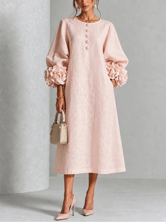 🤲LAST DAY SAVE 49% ⏰3D Floral Cuff Midi Dress – Relaxed A-Line Button Front— FREE Handbag