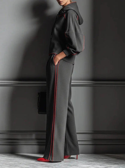 🤲LAST DAY SAVE 49% ⏰Chic Charcoal Grey Red-Trimmed Hooded Tracksuit Set— FREE Handbag