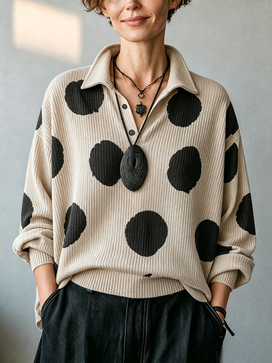 🤲LAST DAY SAVE 49% ⏰Cozy Oversized Polka Dot Lapel Collar Knit Top