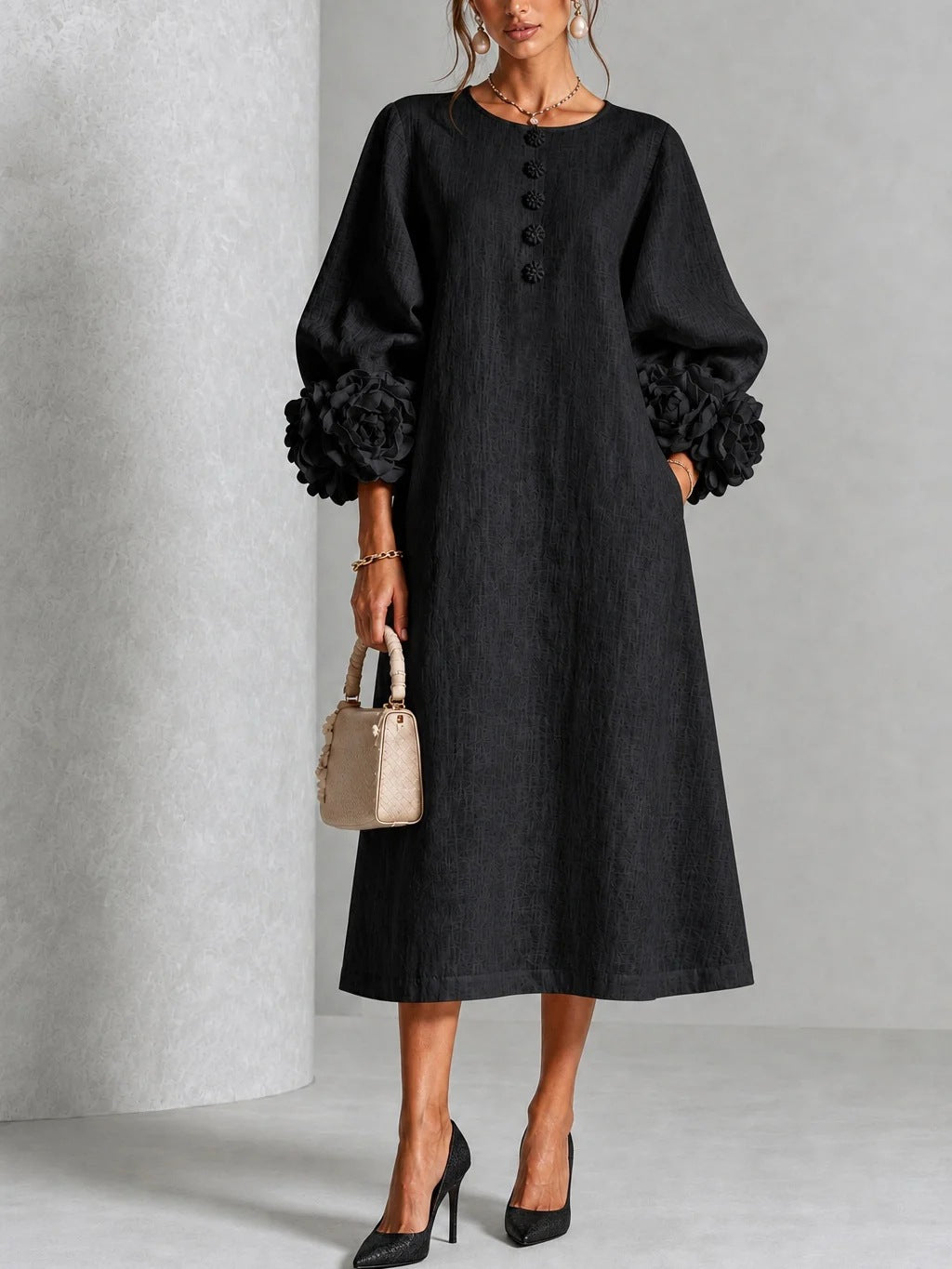 🤲LAST DAY SAVE 49% ⏰3D Floral Cuff Midi Dress – Relaxed A-Line Button Front— FREE Handbag
