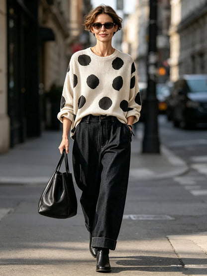 🤲LAST DAY SAVE 49% ⏰Cozy Oversized Polka Dot Lapel Collar Knit Top