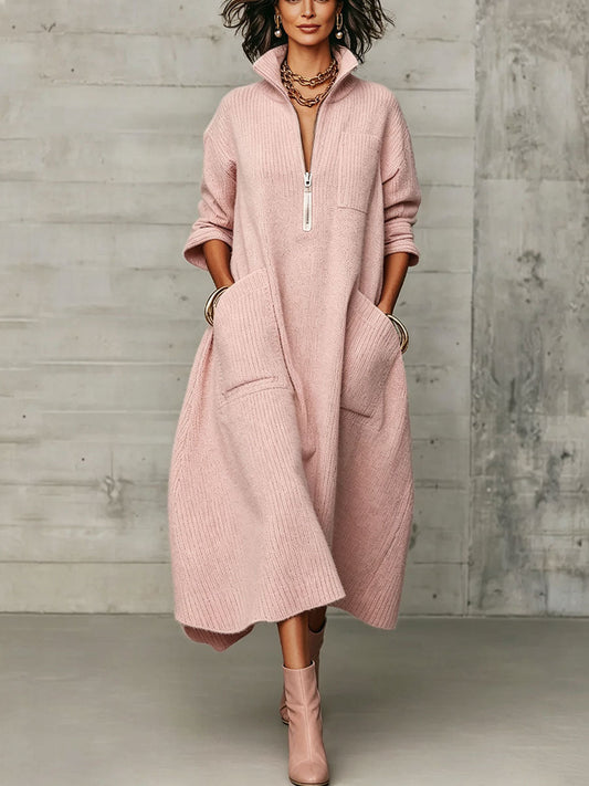🤲LAST DAY SAVE 49% ⏰Elegant Quarter-zip High Collar Oversized Knit Midi Dress— FREE Handbag