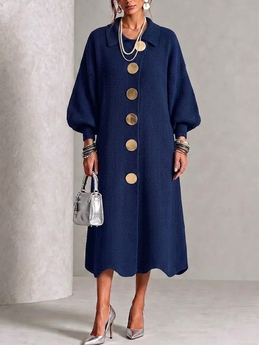 🤲LAST DAY SAVE 49% ⏰Long-sleeve Knit Dress With A Large Metal Buckle, Lapel Collar, And Lantern Sleeves— FREE Handbag