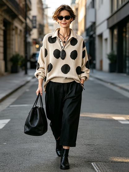 🤲LAST DAY SAVE 49% ⏰Cozy Oversized Polka Dot Lapel Collar Knit Top