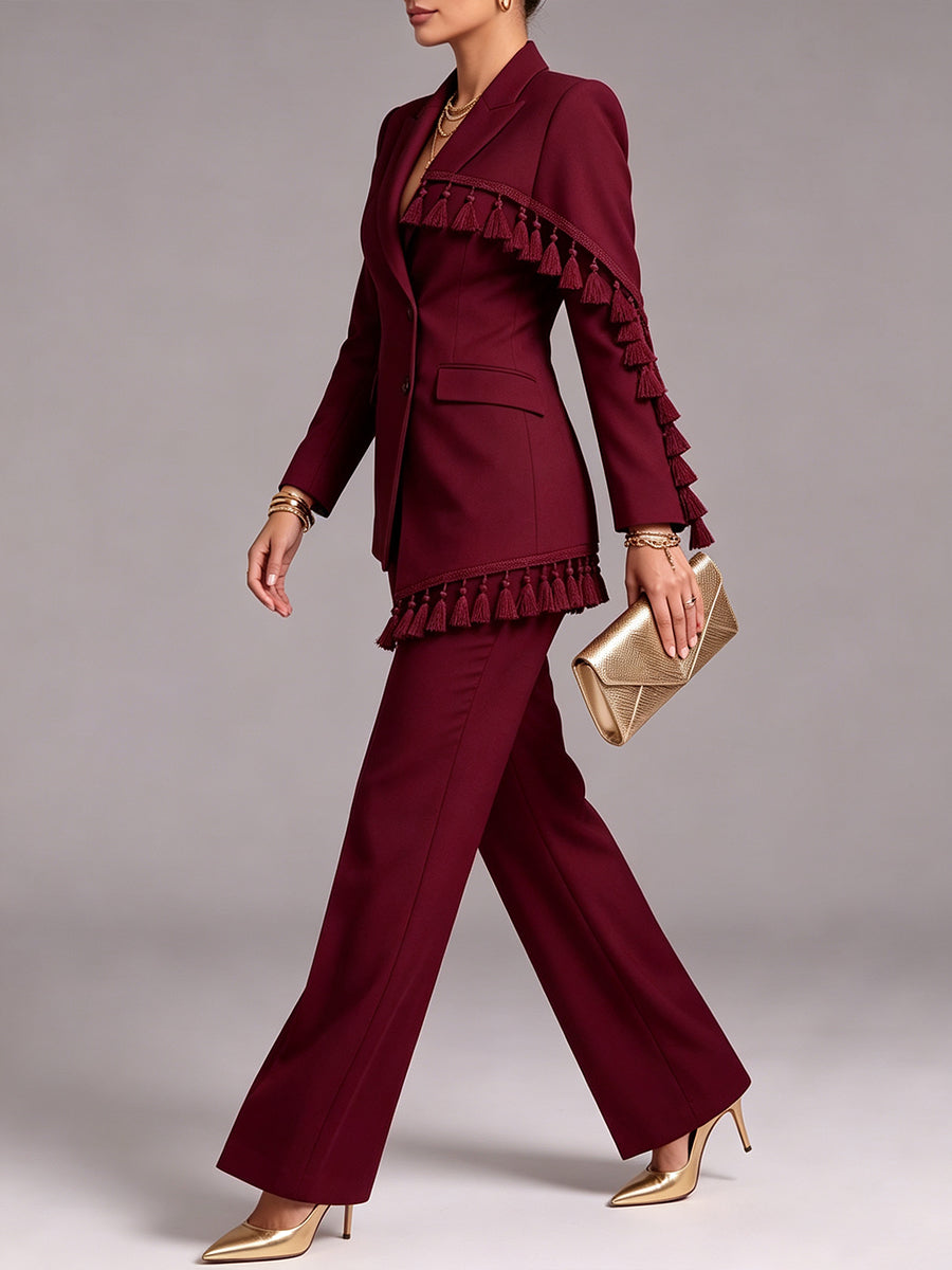 🤲LAST DAY SAVE 49% ⏰Elegant Tassel Trim Blazer & Wide-Leg Pants Set