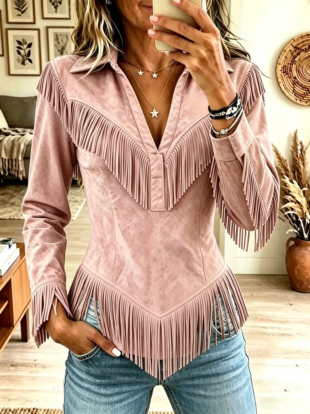 🤲LAST DAY SAVE 49% ⏰Women's Western Fringe Suede Pointed Hem Top