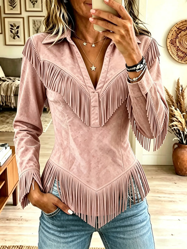 🤲LAST DAY SAVE 49% ⏰Women's Western Fringe Suede Pointed Hem Top