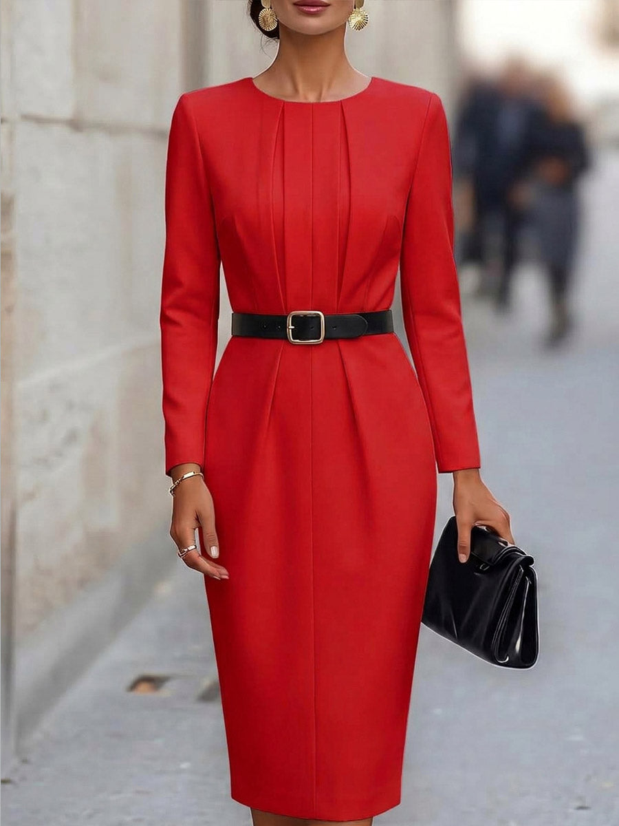 🤲LAST DAY SAVE 49% ⏰Women's Solid-color Crew Neck Long-sleeve Casual Slim-fit Dress— FREE Handbag