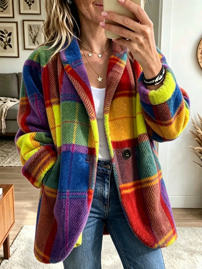 🤲LAST DAY SAVE 49%✨ Cozy Plaid Fleece Coat – Bold Color, Effortless Style