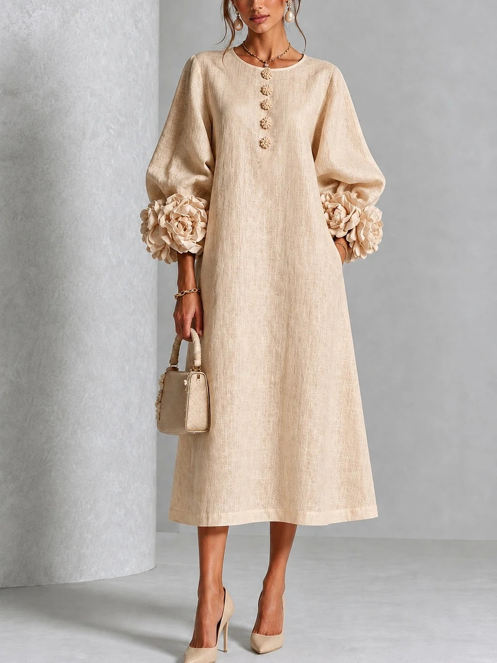 🤲LAST DAY SAVE 49% ⏰3D Floral Cuff Midi Dress – Relaxed A-Line Button Front— FREE Handbag