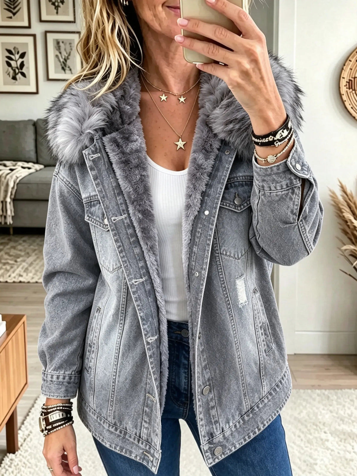 🤲LAST DAY SAVE 49% ⏰Women's Faux Fur Collar Fleece-Lined Denim Jacket