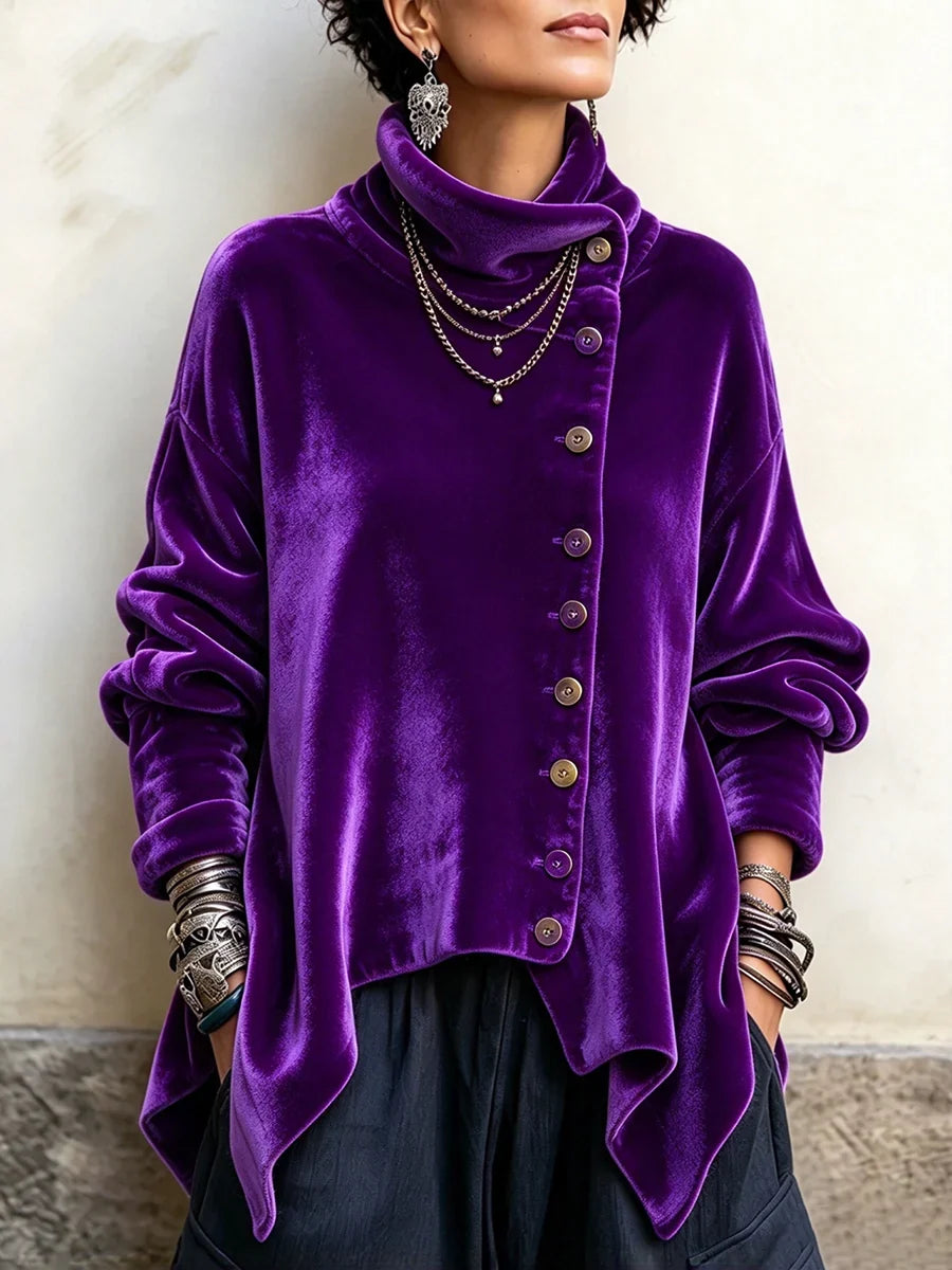 🤲LAST DAY SAVE 49% 🐆Chic Velvet Asymmetric Button Turtleneck Top