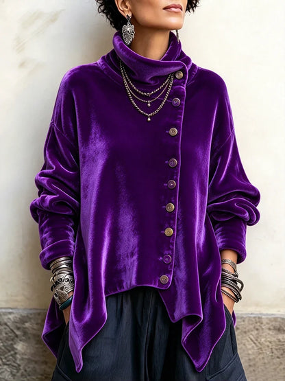 🤲LAST DAY SAVE 49% 🐆Chic Velvet Asymmetric Button Turtleneck Top
