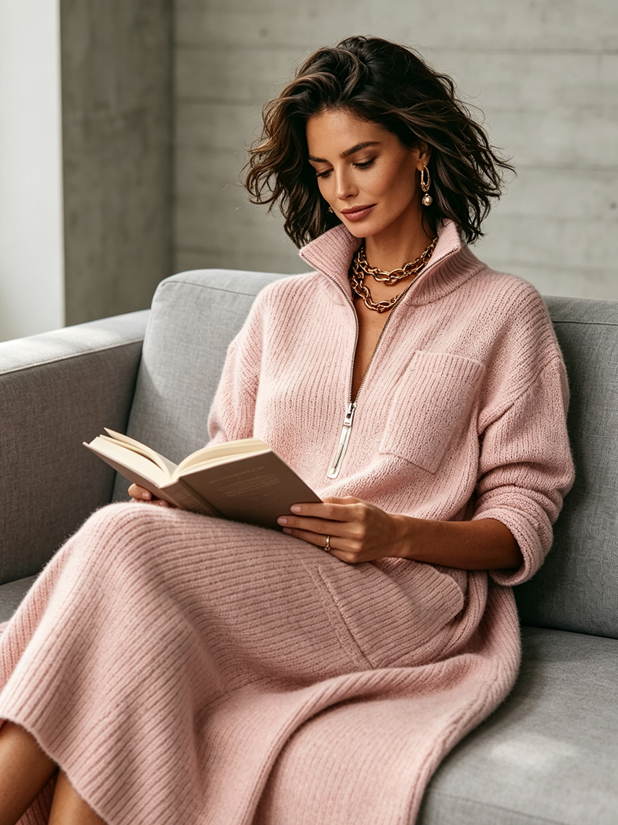 🤲LAST DAY SAVE 49% ⏰Elegant Quarter-zip High Collar Oversized Knit Midi Dress— FREE Handbag