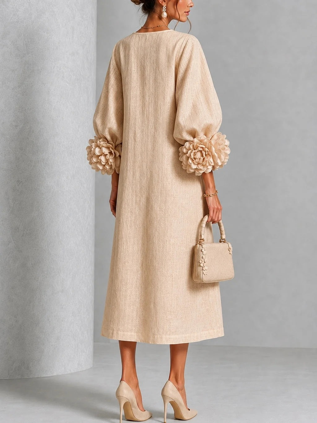 🤲LAST DAY SAVE 49% ⏰3D Floral Cuff Midi Dress – Relaxed A-Line Button Front— FREE Handbag