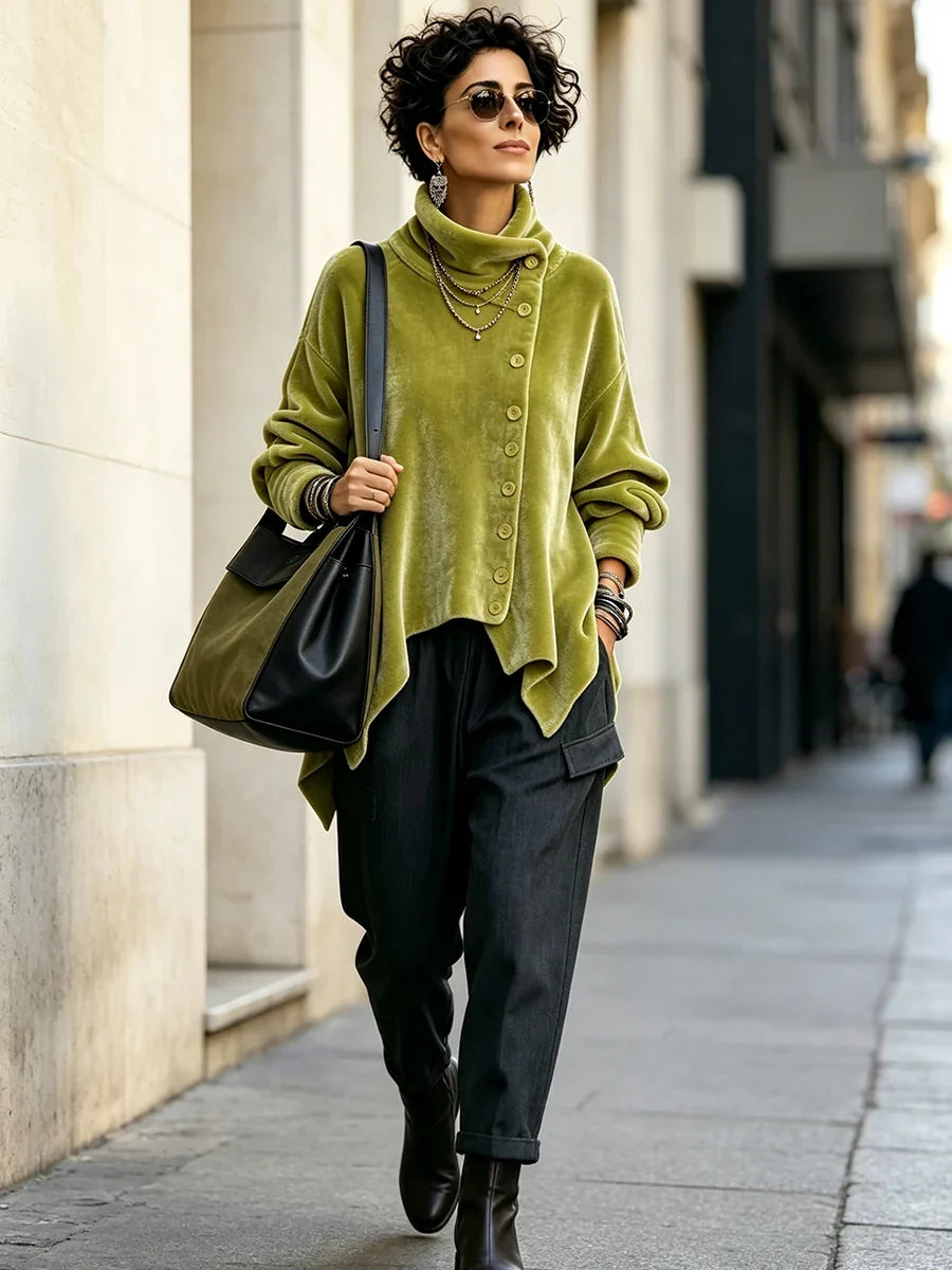 🤲LAST DAY SAVE 49% ⏰Chic Velvet Asymmetric Button Turtleneck Top