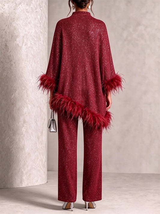 🤲LAST DAY SAVE 49% ⏰Glamorous  Feather-Trimmed Knit Two-Piece Set — FREE Handbag