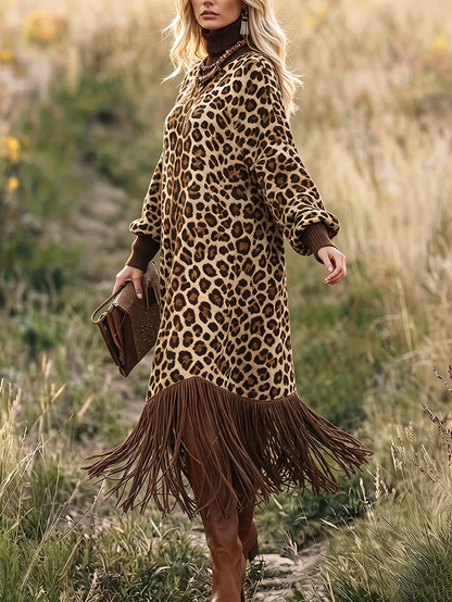 🤲LAST DAY SAVE 49% ⏰Boho Chic Wild Leopard Fringe Dress— FREE Handbag