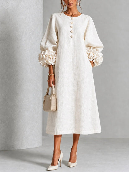 🤲LAST DAY SAVE 49% ⏰3D Floral Cuff Midi Dress – Relaxed A-Line Button Front— FREE Handbag